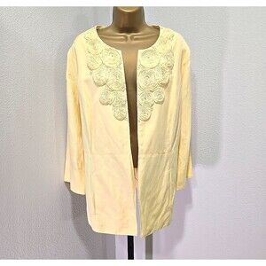Ruby Rd Butter Yellow 3D Floral Beaded Jacket Womens 16 Linen Blend Pastel Fancy